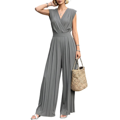 Women Street Fashion Minimalist Jumpsuits V-Neck Sleeveless Inverted Pleats Wide Leg Pant Overalls ZANZEA Commute Work Playsuits