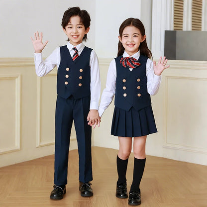 5 Pcs British Style College Kindergarten School Uniform JK Outfits Kid Shirt Pleated Skirt Suit Chorus Performance Costume Dress