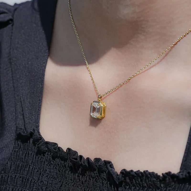 OXTAO Minimalist Moissanite Solitaire Pendant Necklace Emerald Cut D VVS1 for Women 14K Gold Filled Charm Necklace Jewelry Gift