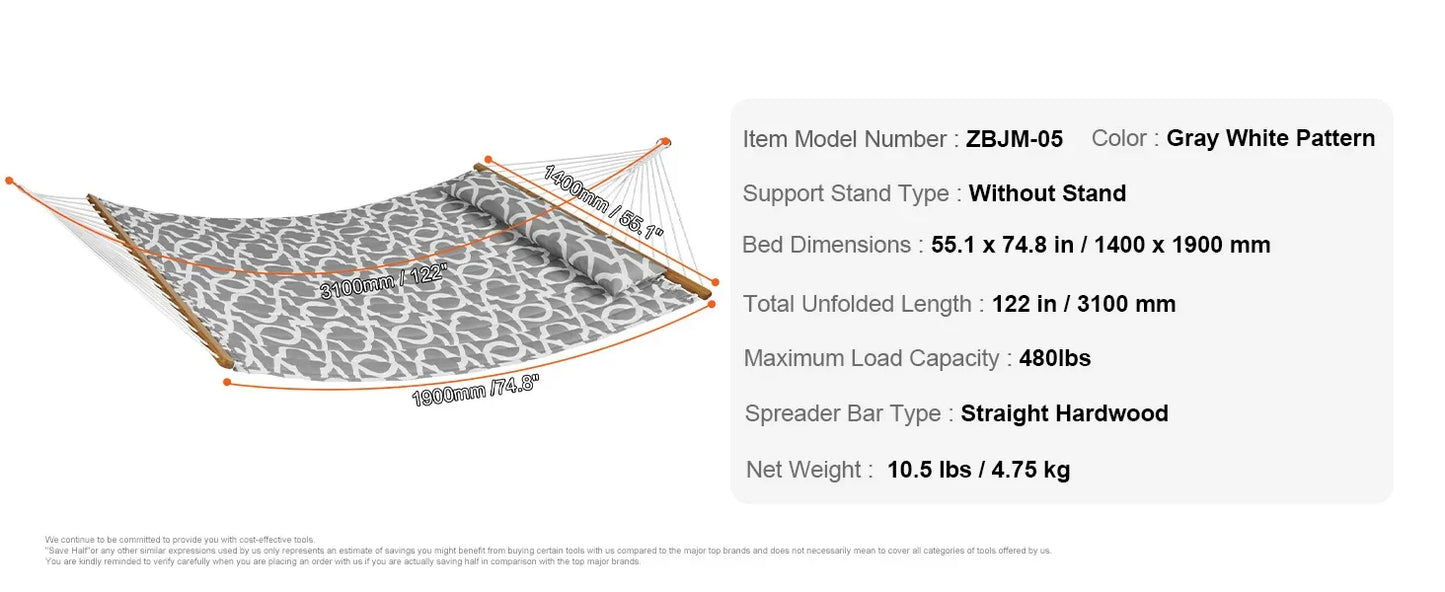 SucceBuy Two Person Hammock with Stand Included Double Hammock with Curved Spreader Bar and Detachable Pillow and Portable Bag