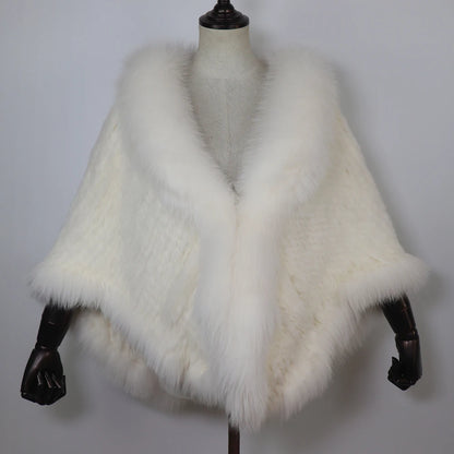 Women 100% Real Rabbit Fur Shawl Scarf With Fox Fur Collar Winter Warm Knitted Rabbit Fur Poncho Girls Party Fashion Accessories