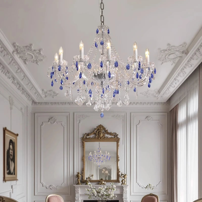 French Blue Romantic Crysatl Chandeliers Light Luxury Glass Living Room Art Decor Candle Pendant Lights Lighting Bedroom Lamps