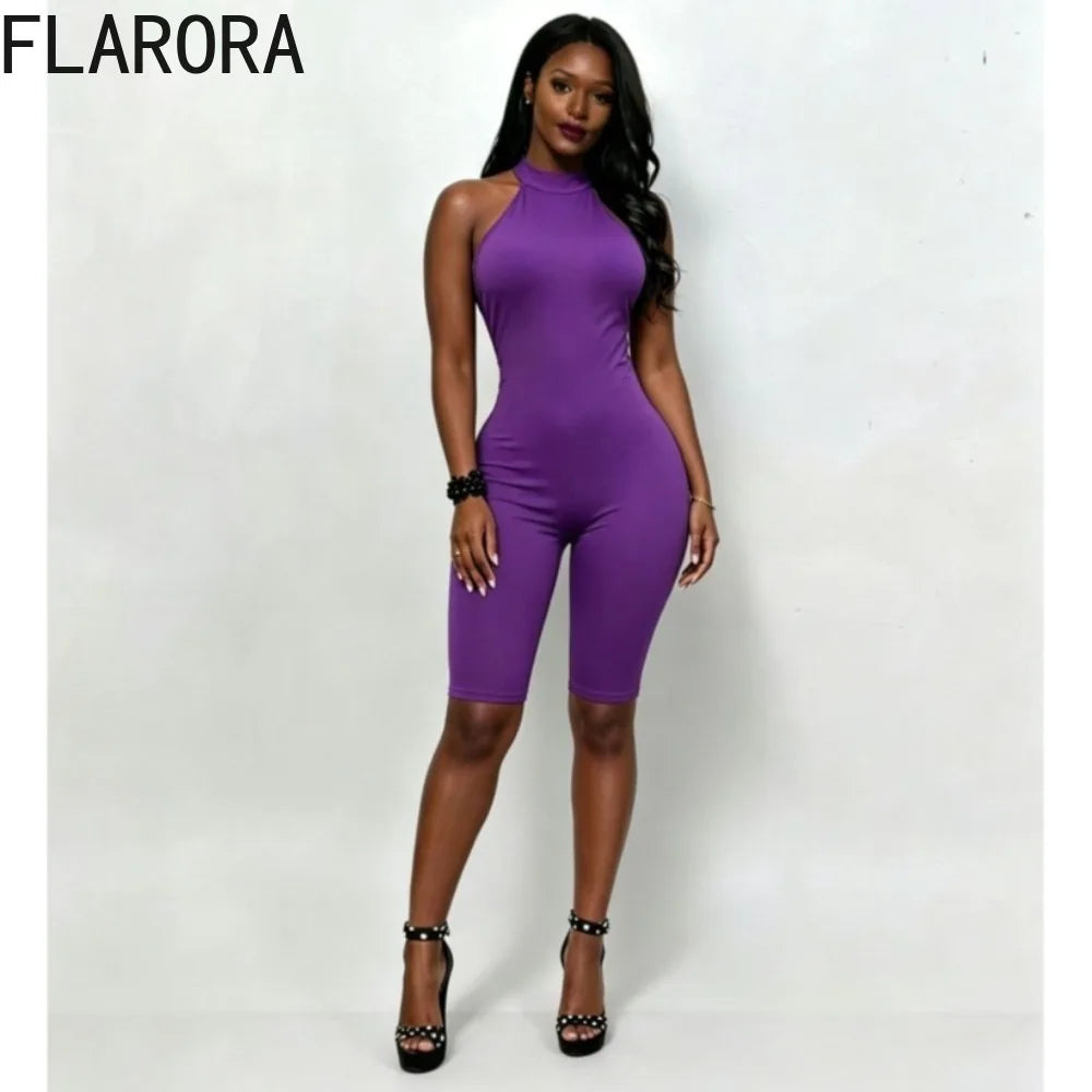 FLARORA Fashion Solid Color Rompers Woman Sexy Halter Bandage Sleeveless Backless Skinny Peach Hip Stretch Fitness Playsuits
