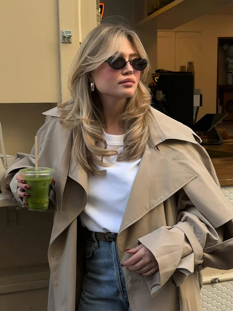 Women Khaki Long Color-block Stripe Trench Coat Wide Lapel Loose Drop Shoulder Blue Lining Slit Windbreaker Commute Outing Coats