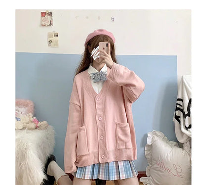 Japan School Sweater Spring Autumn V-neck Cotton Knitted Sweater College Style JK Uniform Cardigan 5 Color Student Girls Cosplay
