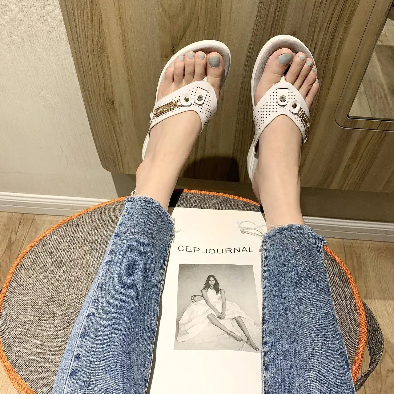 Sandals for Women Flip Flops Metal Button Slides Slipper Beach Dance Non-slip Casual Wedge Shoes Female Summer Slippers Sandals