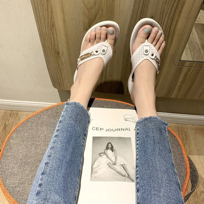 Sandals for Women Flip Flops Metal Button Slides Slipper Beach Dance Non-slip Casual Wedge Shoes Female Summer Slippers Sandals