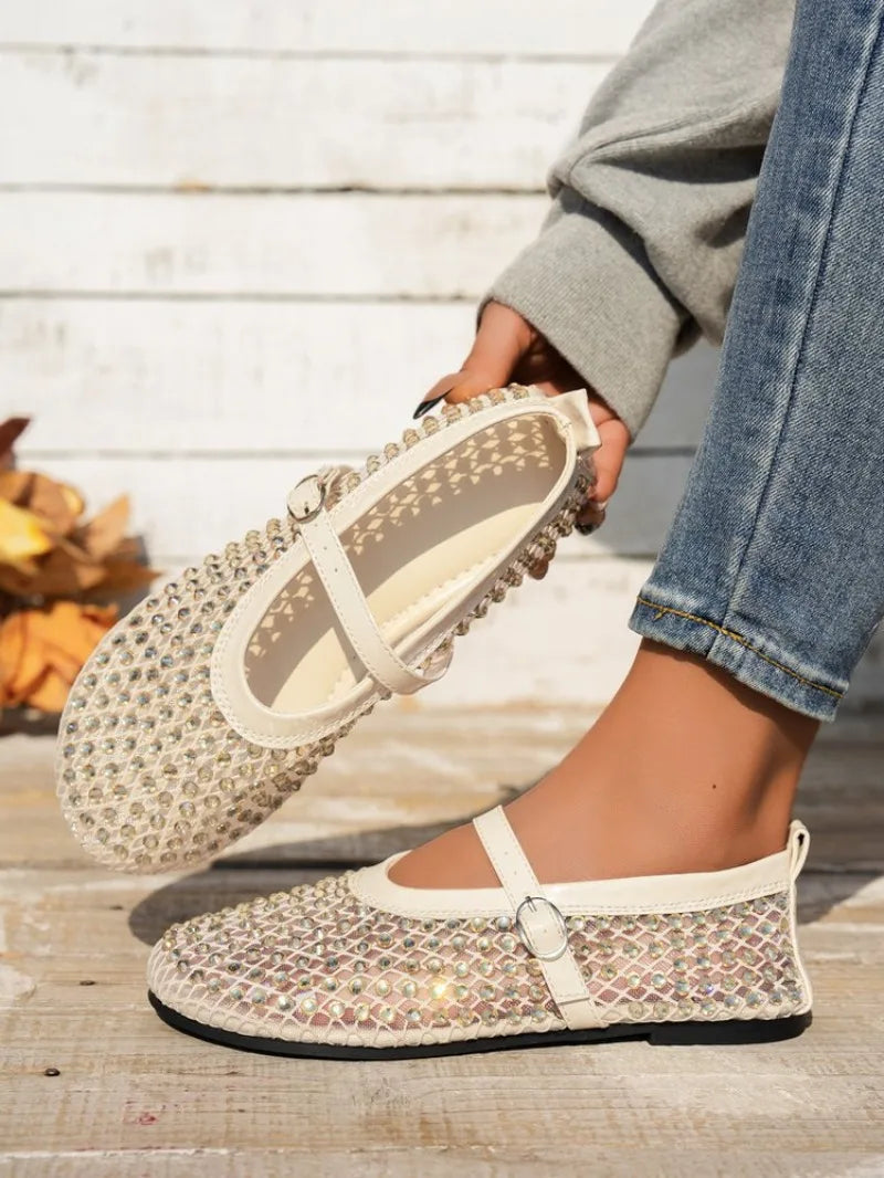 Women's Mary Jane Shoes Luxury Brand Casual Single Shoes Women's Rhinestone Plus Size Womens Round Head Buckle Beach Flat Shoes