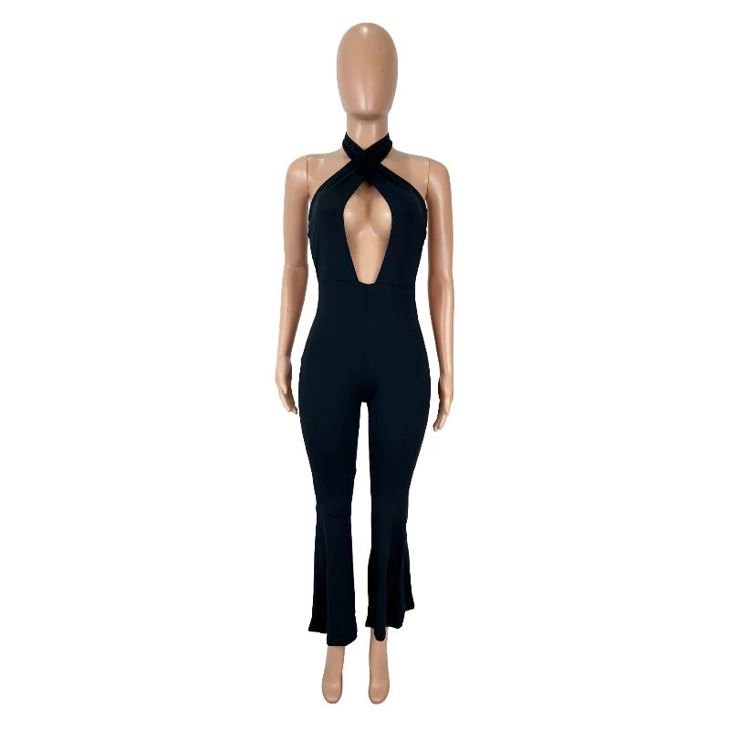 Summer Sexy Backless Halter Black Jumpsuit Rompers Women Bodycon Club Party Outfit Overall Date Outfit Women