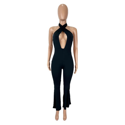 Summer Sexy Backless Halter Black Jumpsuit Rompers Women Bodycon Club Party Outfit Overall Date Outfit Women