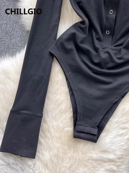 CHILLGIO Women Turn-down Collar Button Rompers Fashion Slim One Piece Combination Tights Autumn Long Sleeve Solid Tight Bodysuit
