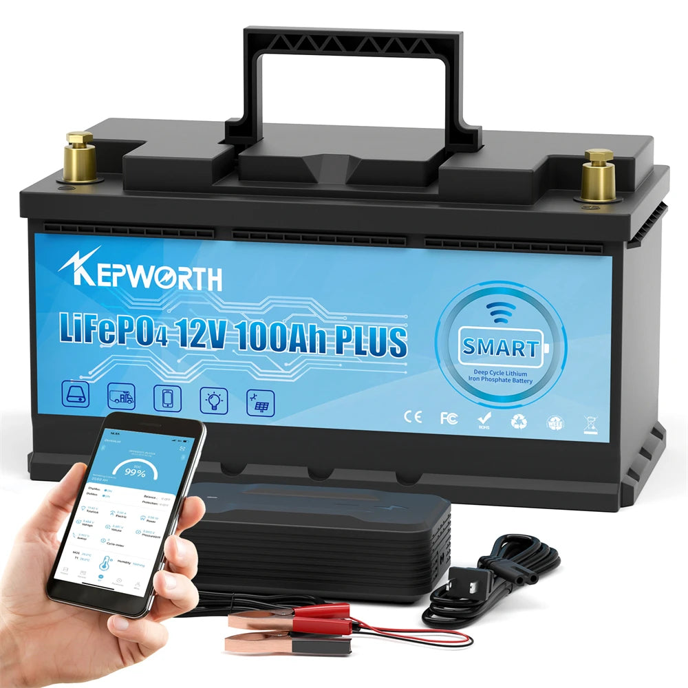 KEPWORTH 12V 100Ah Lithium Iron Phosphate Battery Upgraded BMS 6000 Cycles For RV Campers Golf Cart Off-Road Off-Grid Solar Wind