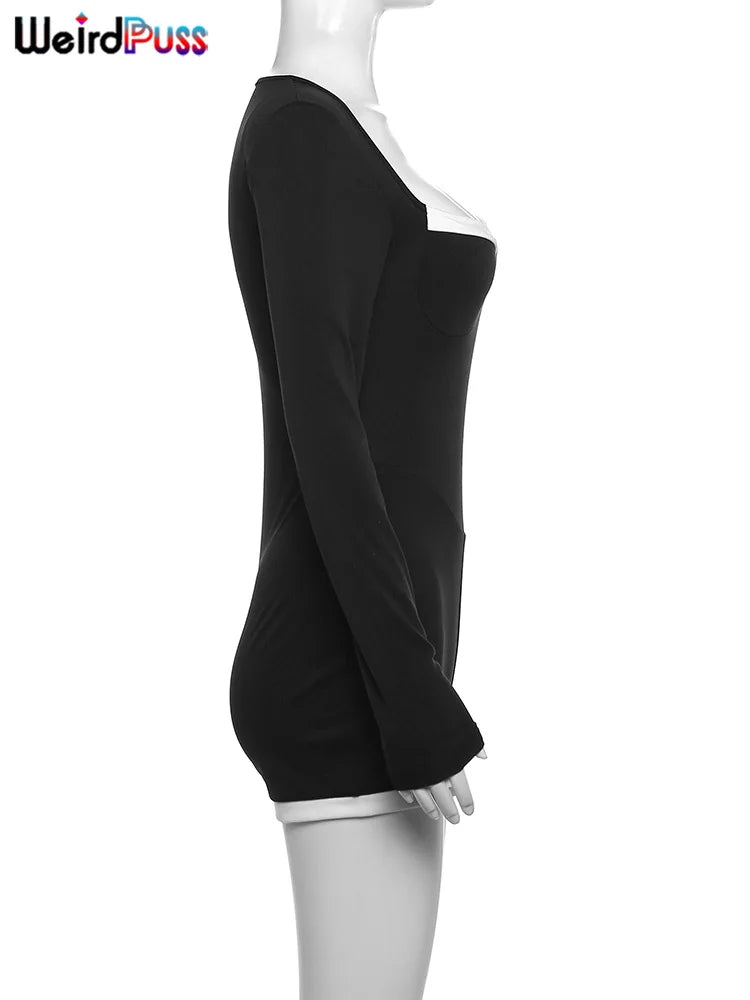 Weird PussWhite Edging Playsuit Women 2025 Spring Square Collar  Skinny Stretch  Long Sleeve Romper Streetwear Tight Overalls
