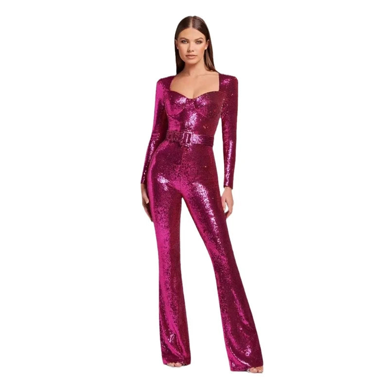 Jumpsuits Women Sequin One Piece Floor Length Pant Overalls Full Sleeve Bodycon Party Night Rompers Splice High Waist Belt
