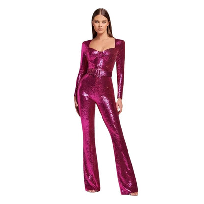 Jumpsuits Women Sequin One Piece Floor Length Pant Overalls Full Sleeve Bodycon Party Night Rompers Splice High Waist Belt
