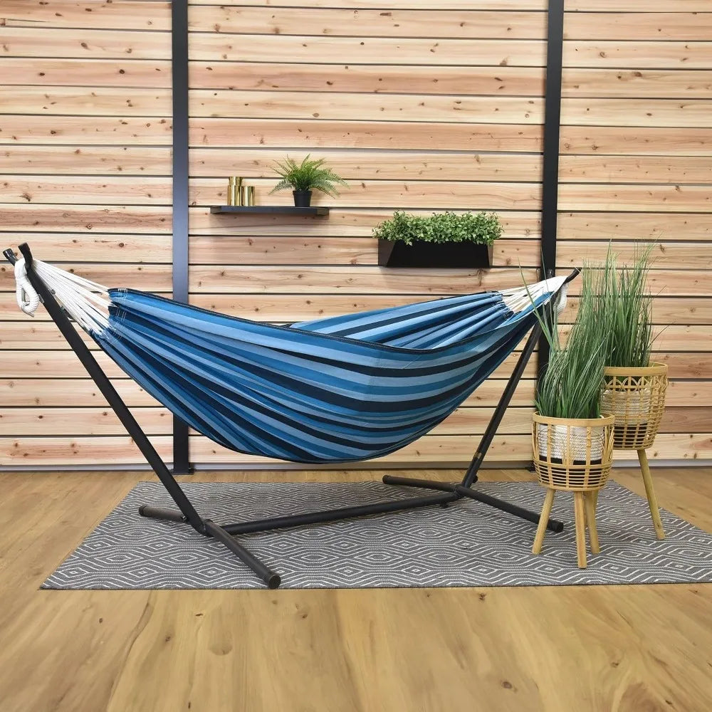 Double Cotton Hammock with Steel Stand, 450 lb Capacity, Carry Bag