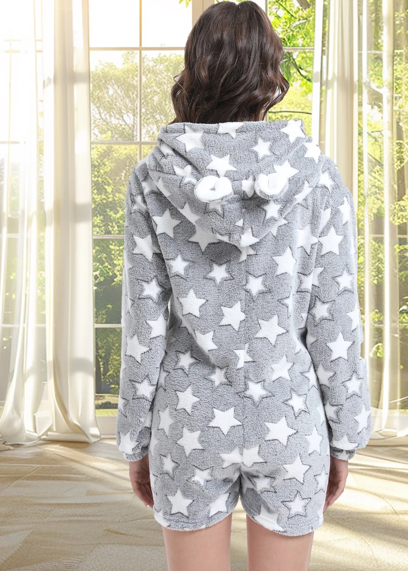 Coral Fleece Women Jumpsuit Pajama Home Clothes Cartoon Flannel Hooded Long Sleeve Shorts Onepieces Sleepwear Thicken Loungewear