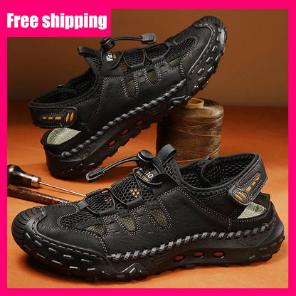 Men Sandals Comfortable Refreshing Mesh Hollow Beach Shoes Summer New Anti Slip Thick Bottom Bag Toe Casual Sandals for Teen