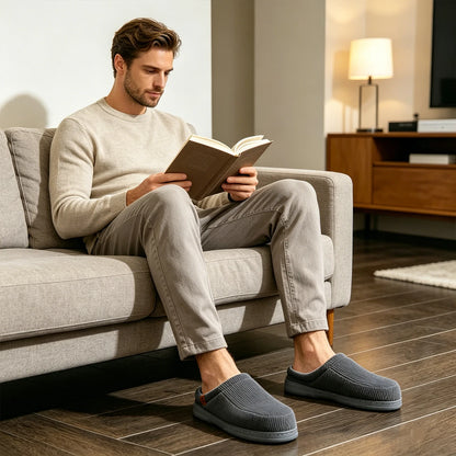 Warm Slippers for Men TPR Sole Memory Foam Soft Cushion Non Slip Stripe Design Comfortable Corduroy House Shoes