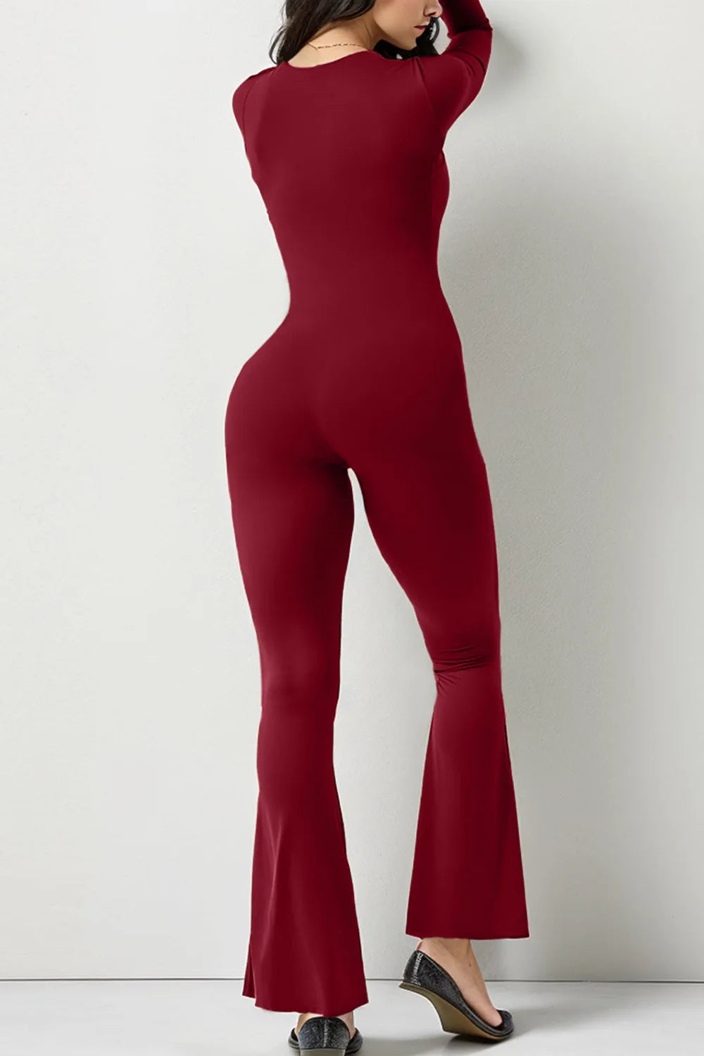 Foreign Trade Women's Long Sleeved Waist Cinching and Waist Lifting Square Collar Wide Leg High Elastic Jumpsuit