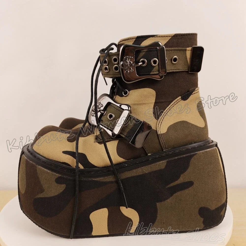 Belt Buckle Ankle Boot Platform Shoes Round Toe Thick Bottom Lace-Up Mixed Color Fashion Luxury Elegant Concise Sexy Novelty New