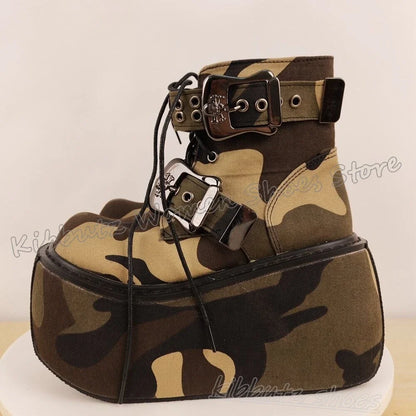 Belt Buckle Ankle Boot Platform Shoes Round Toe Thick Bottom Lace-Up Mixed Color Fashion Luxury Elegant Concise Sexy Novelty New