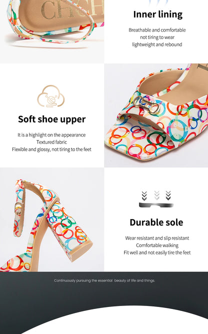 2024 Fashion High Heels Women's Luxury Design Sandals Metallic Flower Square Toe Fine Heel Party Dress Shoes High Heels