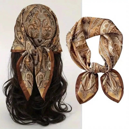 Retro printed silk scarf women's square shawl Paisley pattern scarf imitation silk lightweight sun protection neckerchief shawl