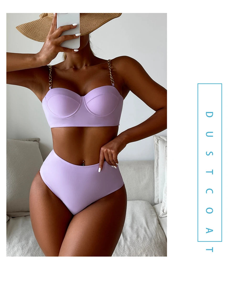 Push Up Bikini Hard Wrap Top Underwire Chain Shoulder Straps High Waist Bottom Swimwear Women Solid Swimming Beach Bathing Suit