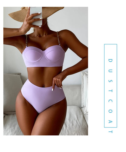 Push Up Bikini Hard Wrap Top Underwire Chain Shoulder Straps High Waist Bottom Swimwear Women Solid Swimming Beach Bathing Suit