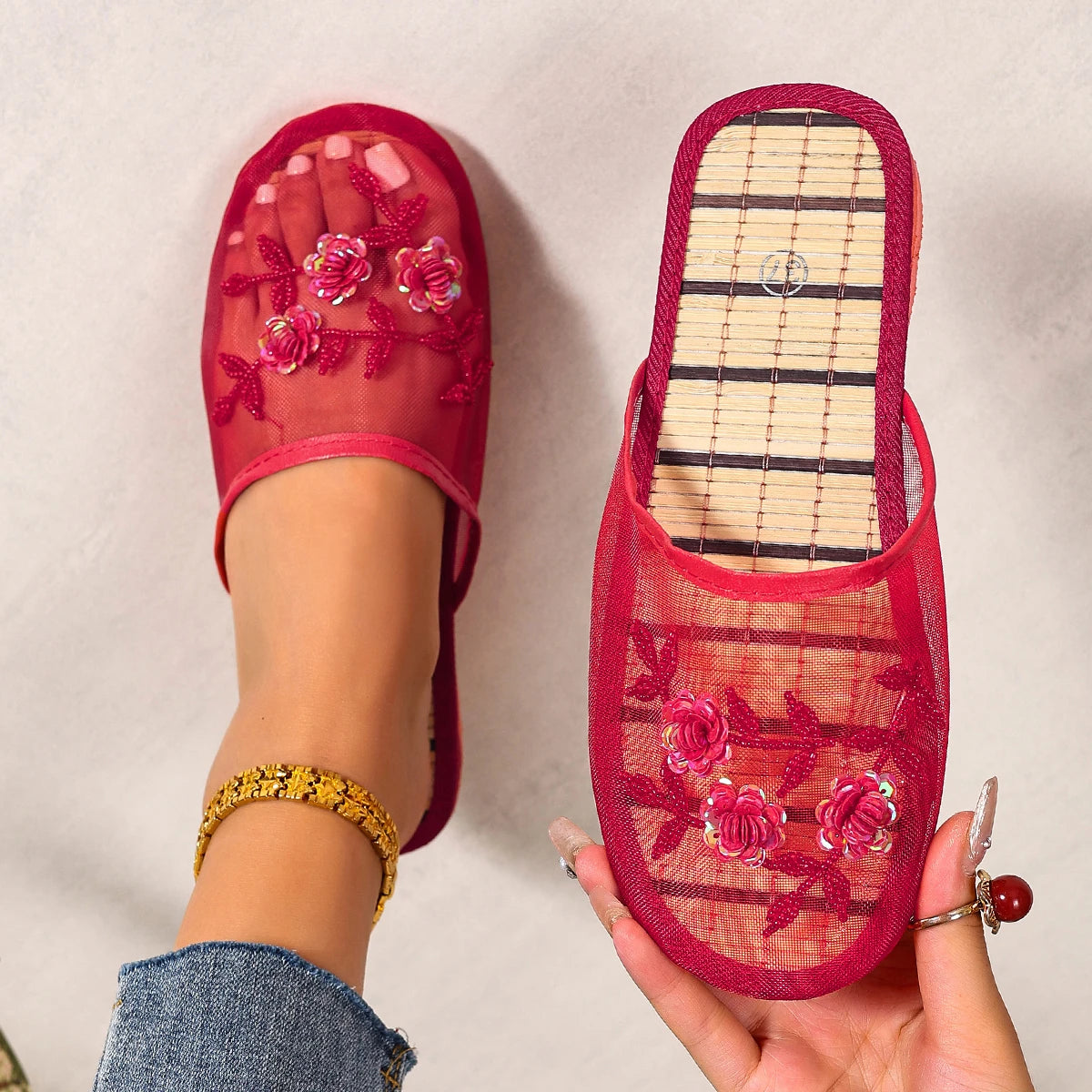 Mesh Breathable Embroider Sequin Flower Mules Shoes Summer Closed Toe Soft Bottom Sandals Female Chinese Style Bamboo Sandals