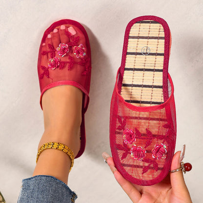 Mesh Breathable Embroider Sequin Flower Mules Shoes Summer Closed Toe Soft Bottom Sandals Female Chinese Style Bamboo Sandals