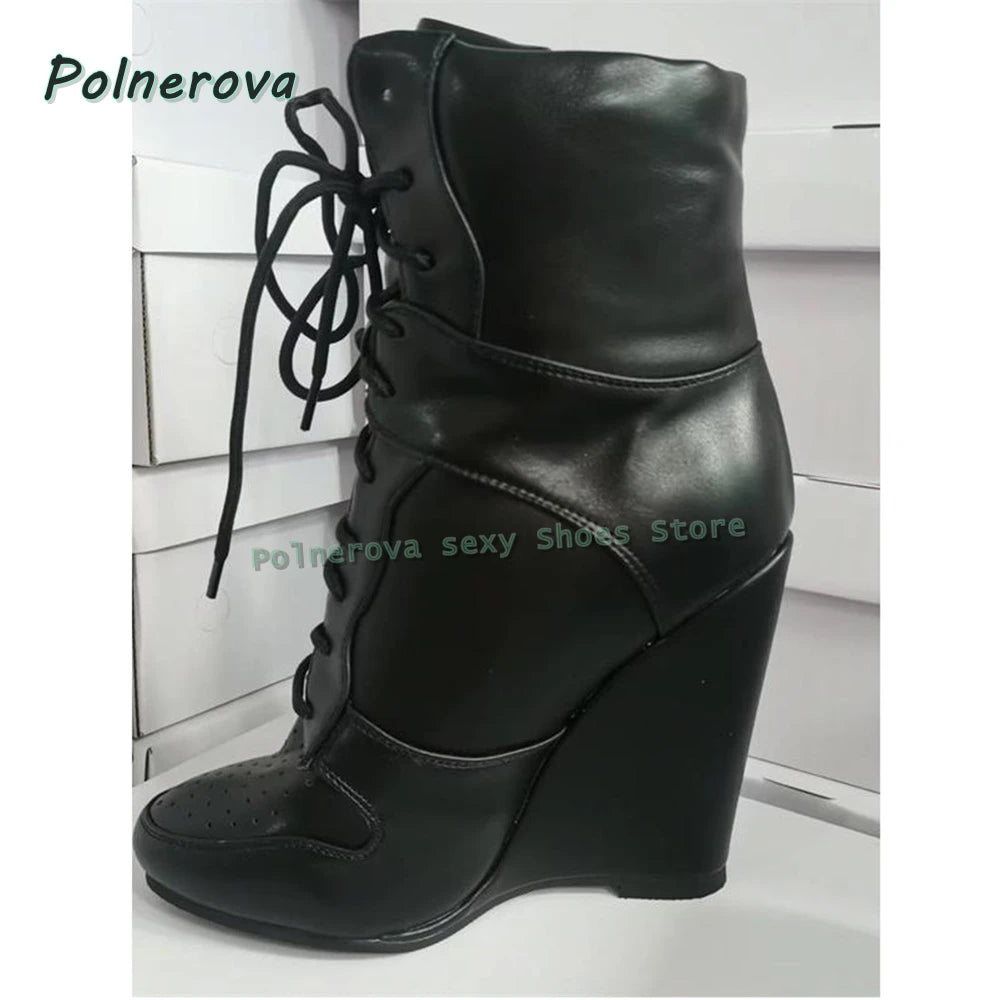 Cross Tied Wedge Mid-Calf Boots Pointed Toe Height Increase Patchwork Plus Size 36-47 Women Ankle Boots 2025 Casual Shoes Trend