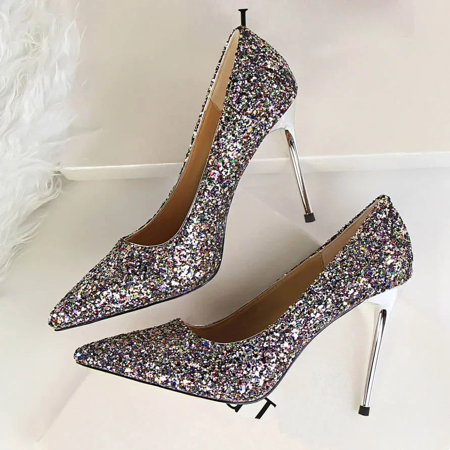 Women Luxury Bling Red  Blue Valentine Party Scarpins Pumps Lady Glitter Sequins 7cm 9.5cm High Heels Designer Shoes Plus Size
