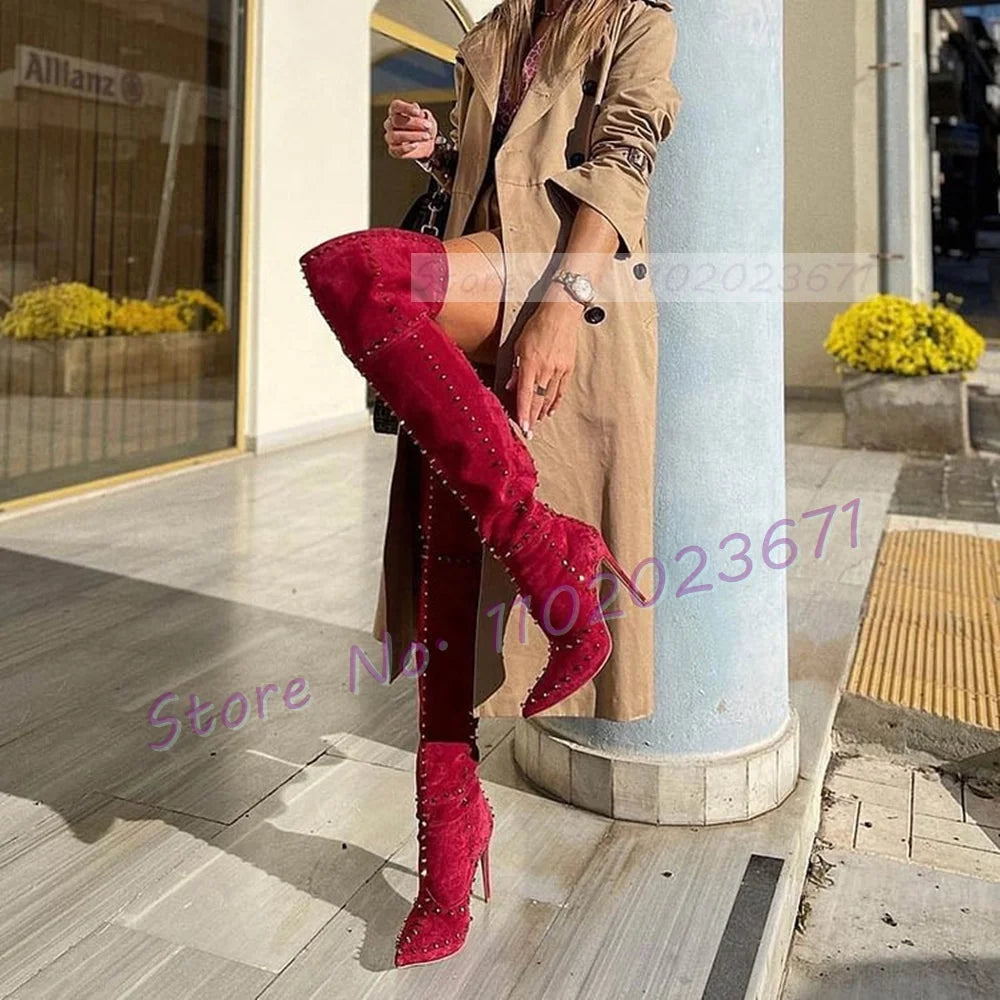 Sparkling Studded Thigh High Boots Women Sexy Metal Rivets Pointy High Heels Suede Leather Shoes Ladies Winter Fashion Boots