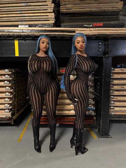 Y2K Sexy See Through Jumpsuit Woman Night Rave Club Party Striped Mesh Romper One Pieces Skinny Stretchy Bodycon Catsuit Clothes