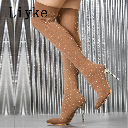 Liyke Sexy Pointed Toe Crystal Rhinestone Stretch Fabric Thigh High Boots Women Thin Heels Over The Knee Socks Shoes Size 35-43
