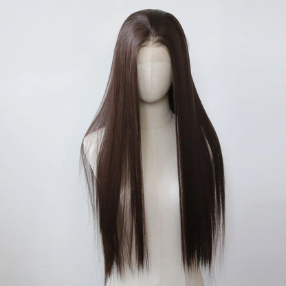 Ashely 13*4 Dark Brown Synthetic Lace Front Wigs Brown Long Straight Lace Front Wig for Women Pre Plucked Natural Hairline