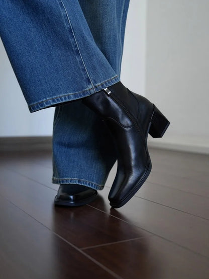 Elegant Office Ladies Chunky Heels Genuine Leather Short Boots Square Toe New Designer Shoes Women Vintage Cowhide Ankle Boots