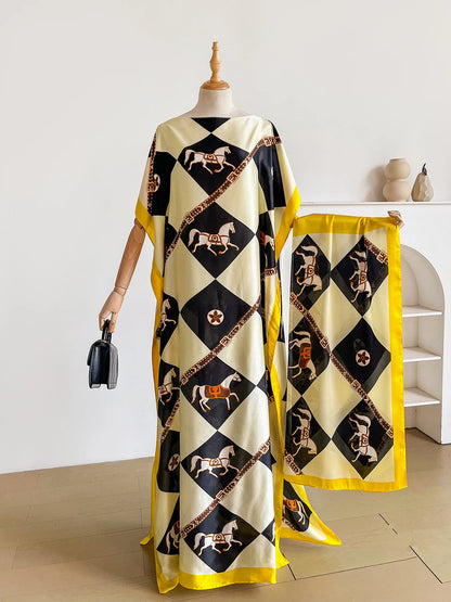Luxury Horse Print Silk Satin Abaya Set With Matching Hijab Scarf, Loose Batwing Maxi Kaftan Dress For Muslim African Women