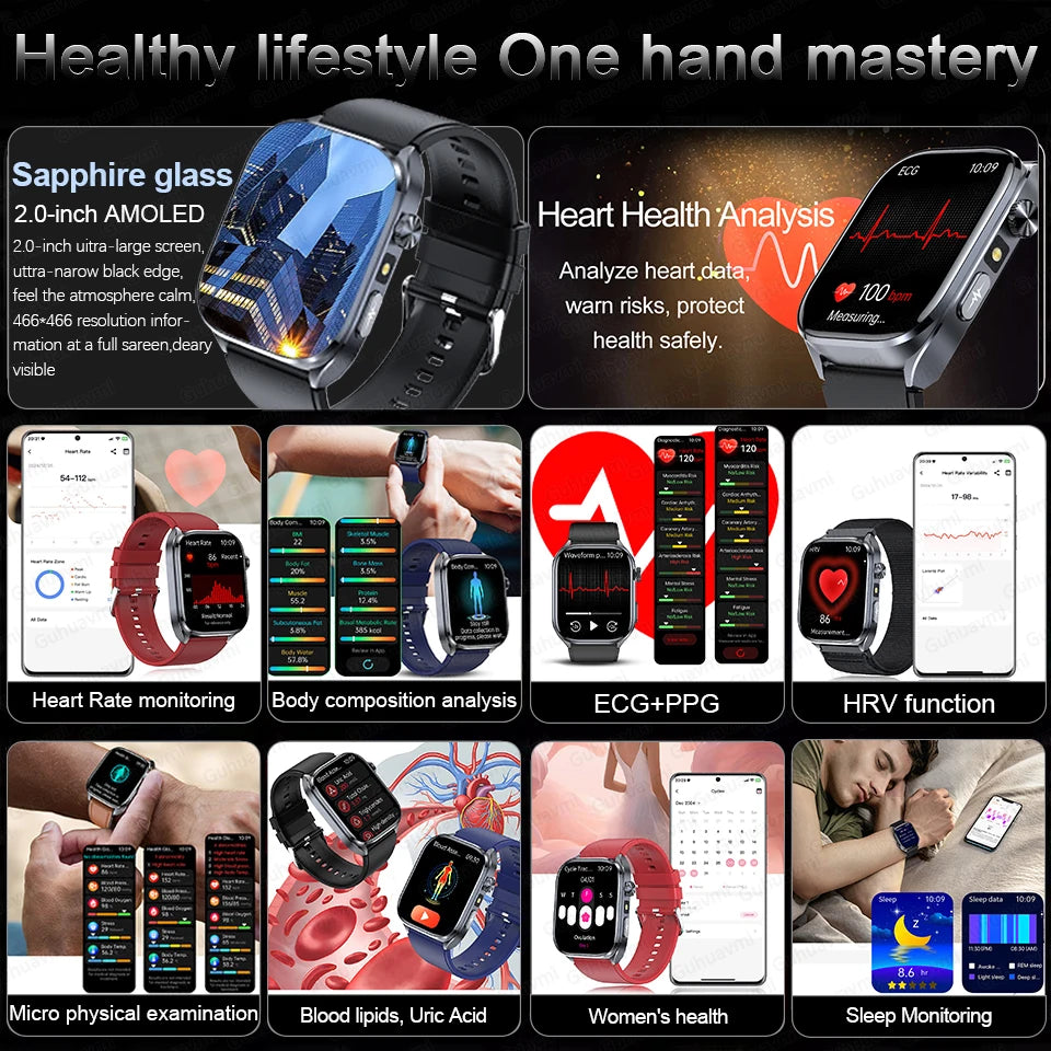 2026New ECG+PPG Clock Health Trackr 2.0 inch Uric Acid Blood lipids Pressure Smart Watch Body Analysis Voice call Smartwatch Men