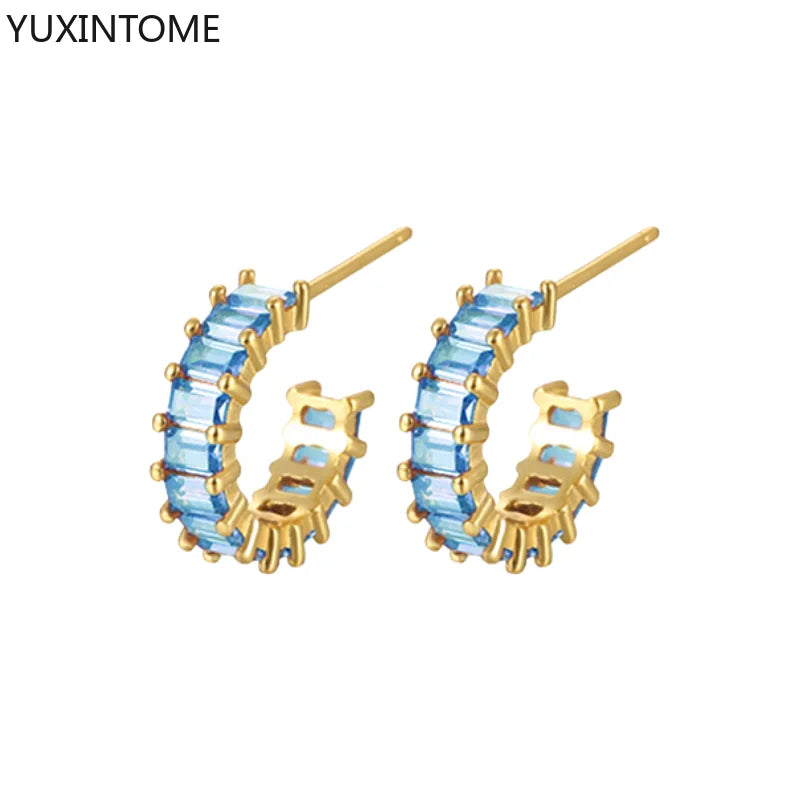 925 Sterling Silver Needle Light Blue Zircon Stud Earrings for Women Fashion Blue Enamel Pendant Earrings Luxury Jewelry Gifts