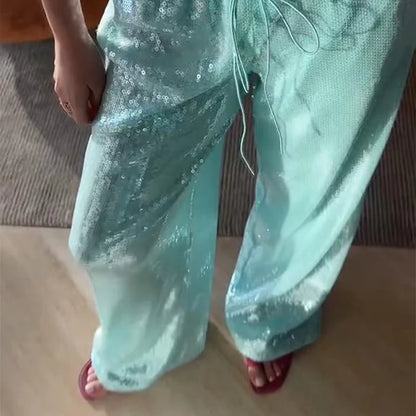 Elegant Sequined Women's Trouser Mid-Waist Lace Up Straight Mop Pants 2026 Summer Autumn Fashion Female All-Match Bottom