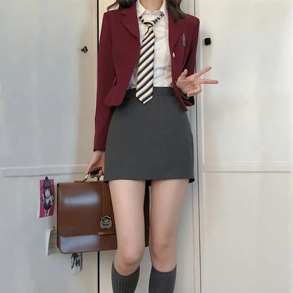 Korean Style Girls JK Uniform Suit Daily Red Blazer Coat Sexy Slim JK Wrap Buttock Skirt Women Preppy Summer School Uniform Suit
