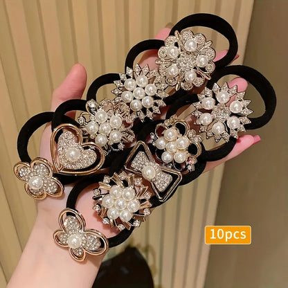10pcs Rhinestone Faux Embellished hair band, Cute Elastic Jersey Material, Includes Minimalist & Elegant Styles Women's Hair Tie