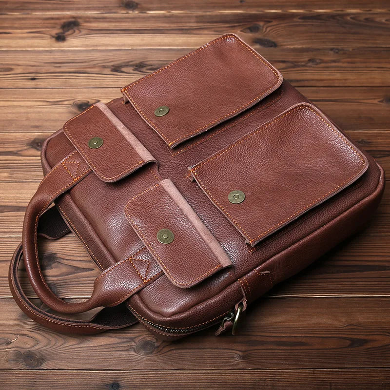 NZPJ New Retro Leather Men's Handbag Top Layer Cowhide Vertical Single Shoulder Messenger Bag Postman Briefcase Computer Bag