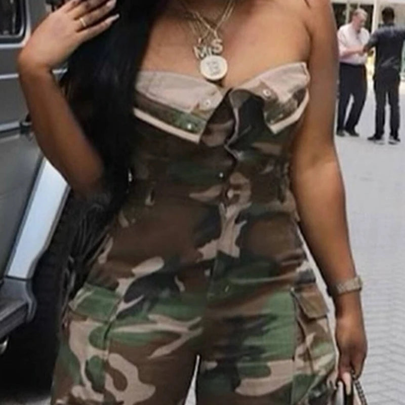 Camo Printed Women Shorts Jumpsuits Sleeveless Button Up Playsuit 2025 Summer New Streetwear Y2K Fashion Cargo One Piece Rompers