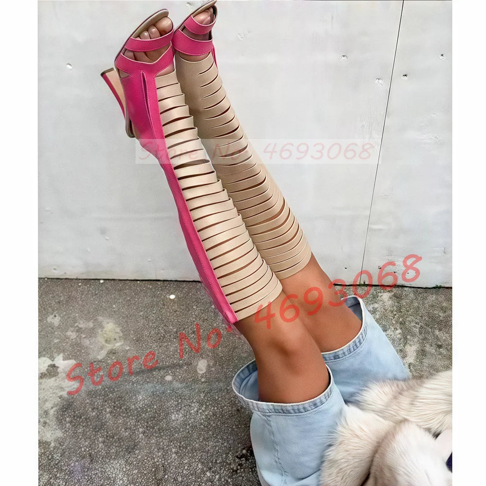 Pink Strappy Open Toe Knee High Boots Women Sexy Nude Splicing Leather Cutout Boots Outfit Novelty Mixed Color High Heels Shoes
