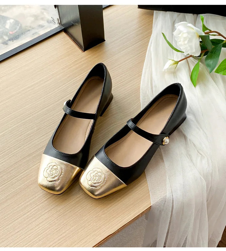 Fashion Mary Jane Women's Shoes 3cm Wide Heel Pumps Embroidered Flowers Pearl Buckle Strap Mary Jane Shoes Luxury Leather Heels