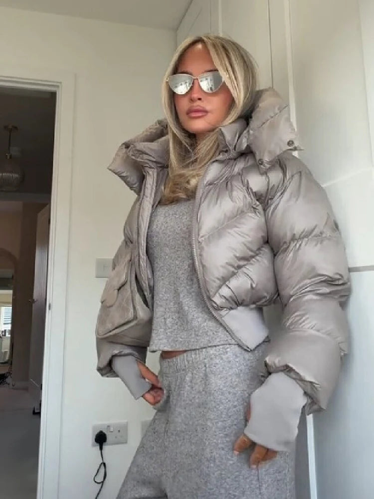 Trendy Solid Hooded Zip Snap Button Short Puffer Jacket Women Slim Fit Cropped Outerwear Winter Casual Street Daily Holiday Wear